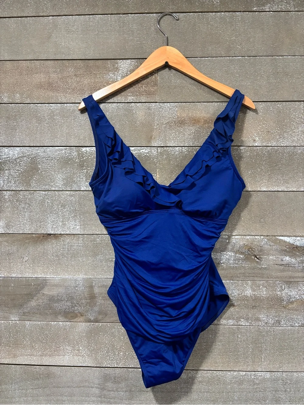 Lauren Ralph Lauren Core Solid Ruffle One-Piece Swimsuit Blue Saturn Sz 12